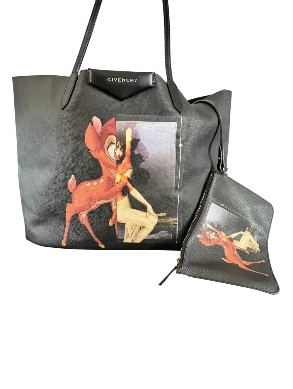 AUTH Givenchy x Disney Bambi Antigona Large Tote Bag with Matching Pouch Black